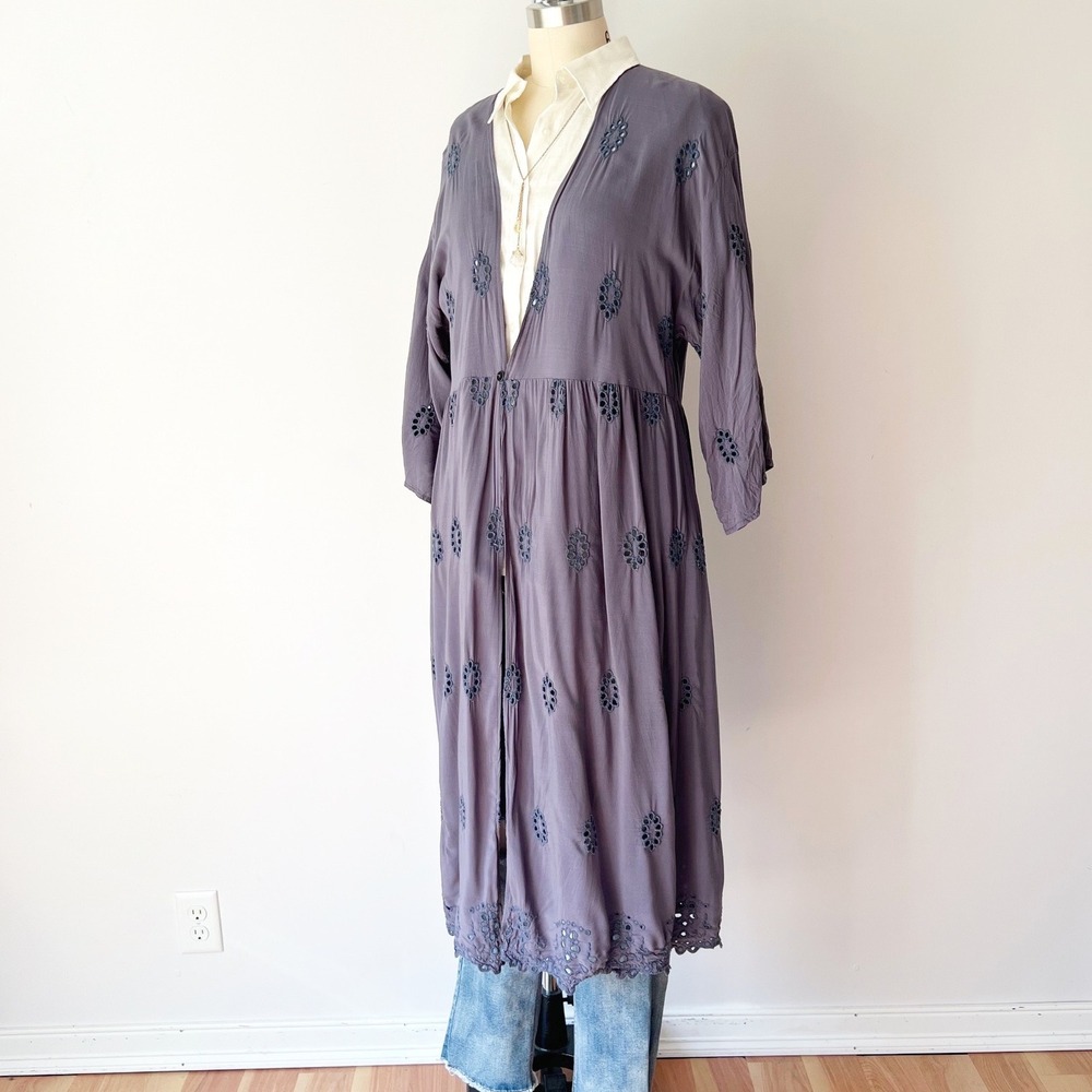 Time and Tru Kimono Duster Purple Eyelet Embroidered Longline Open Front L-XL